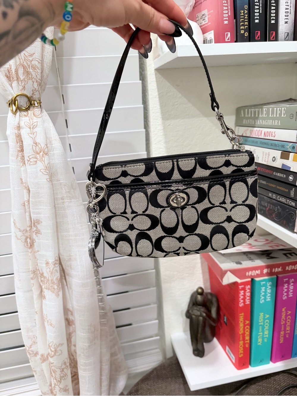 Coach Black and Cream Signature Jacquard Wristlet with Turn-Lock